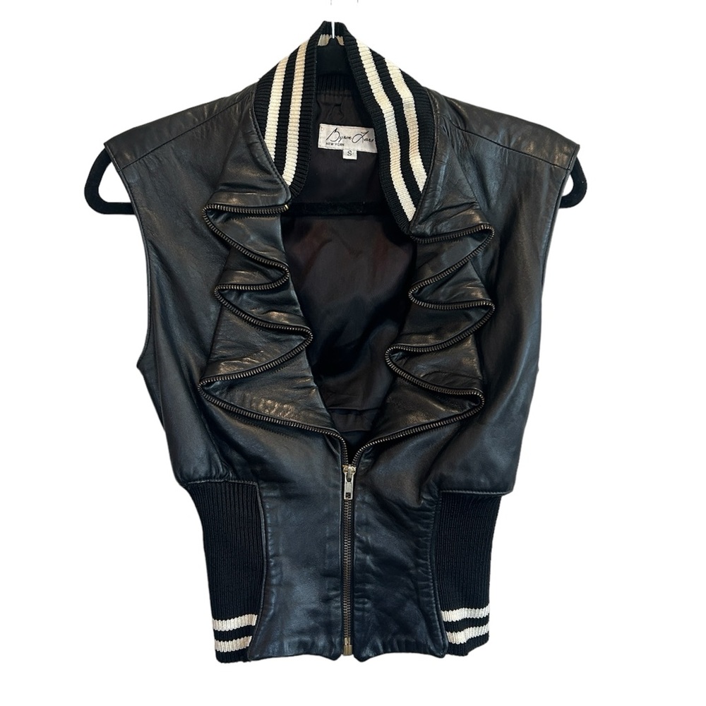 Byron Lars 90’s Varsity Black Leather Zipper Vest Ruffle Ribbon Front Size Small